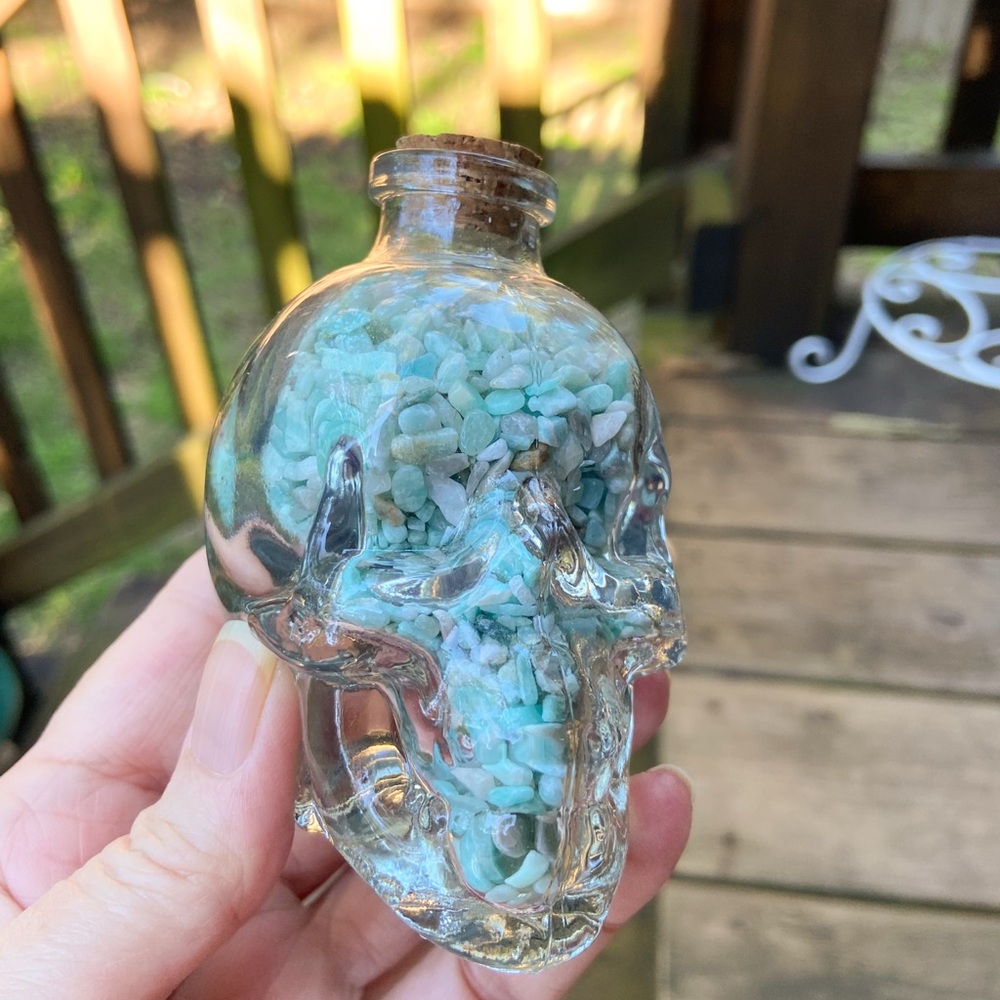 NEW Amazonite Crystal skull head glass jar with cork topper filled with gemstone
